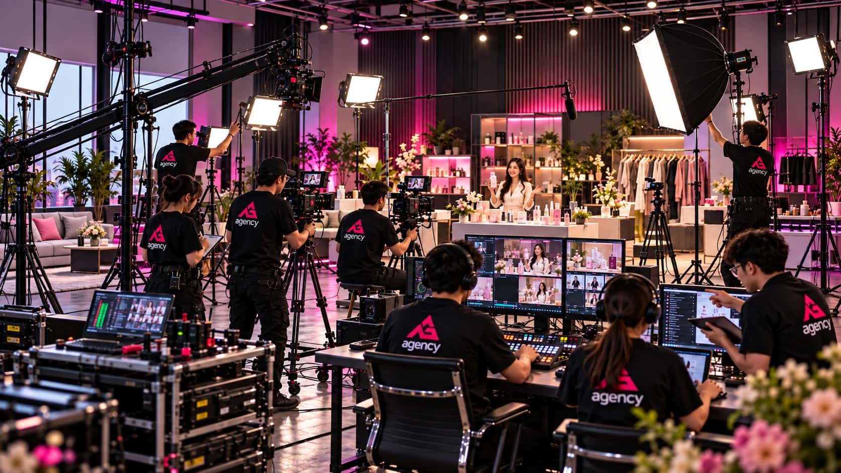 The MG Agency crew running a livestream session in the studio