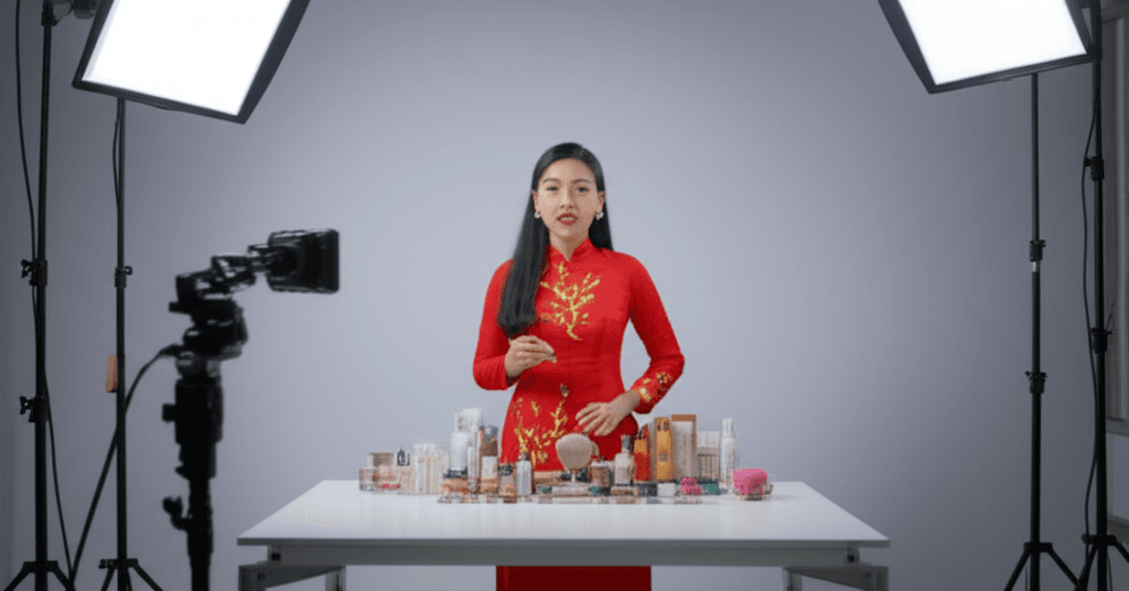 Livestream host presenting products in the studio